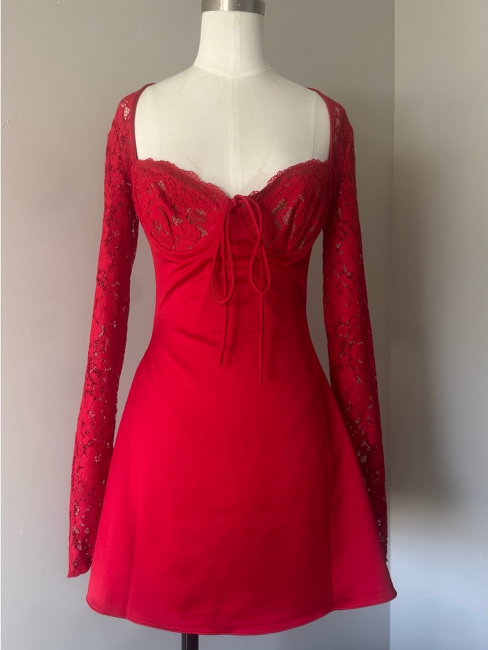 House of CB Red Long Sleeve Lace A-Line Mini Dress